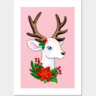 White Christmas Reindeer with Brown Antlers Posters and Art